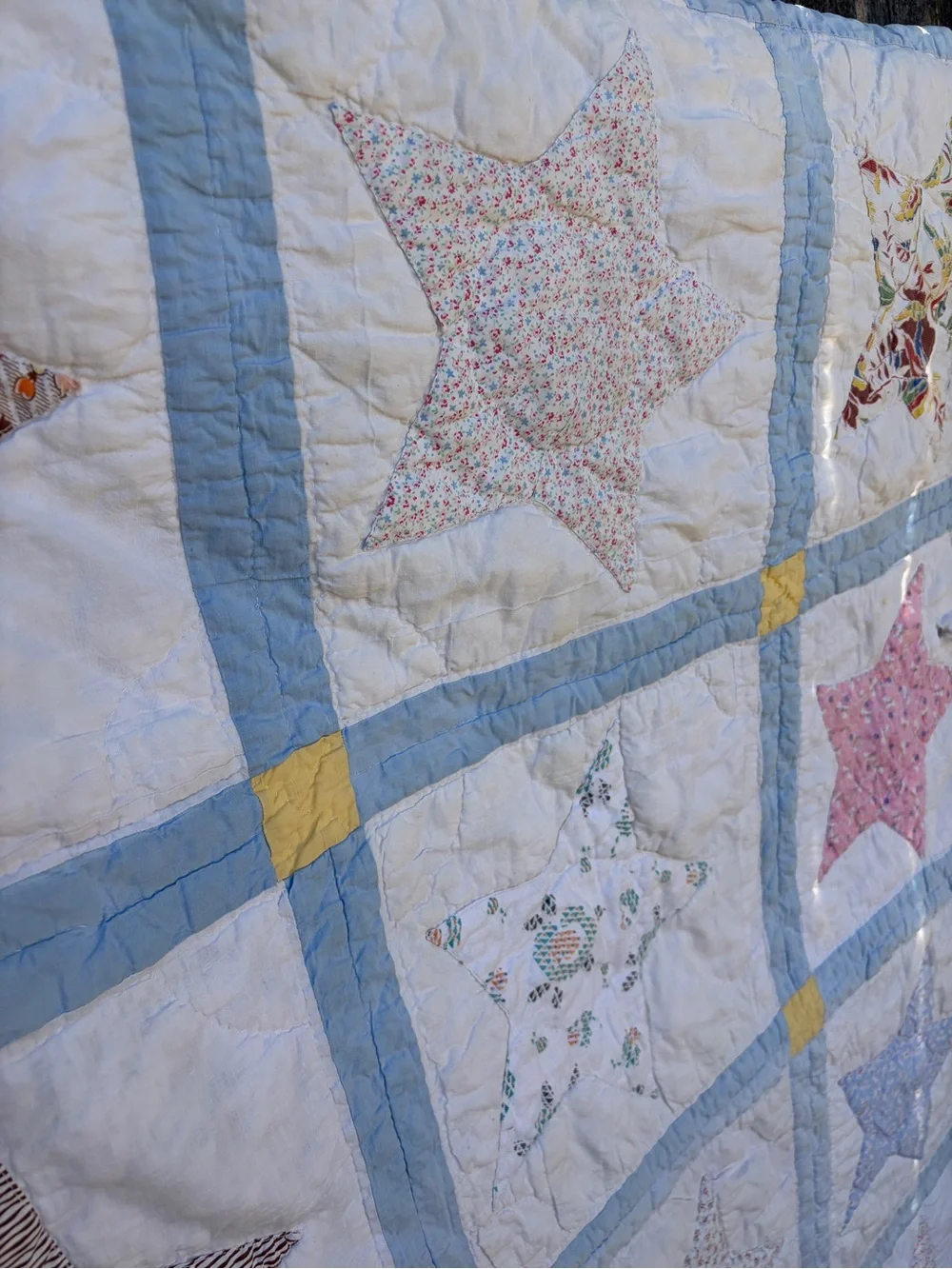 Antique Handmade Patchwork Star Quilt in Blue, Pink, & Yellow-62x78”